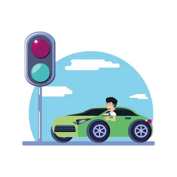 Carro de condução homem com semáforo — Vetor de Stock