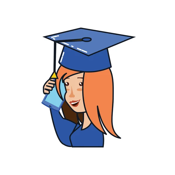 Mujer joven con sombrero de graduación y teléfono inteligente — Vector de stock