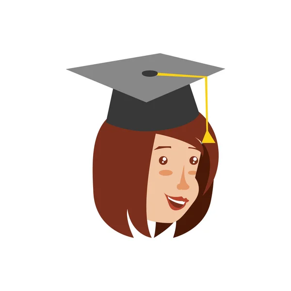 Cabeza de mujer joven con sombrero de graduación — Vector de stock