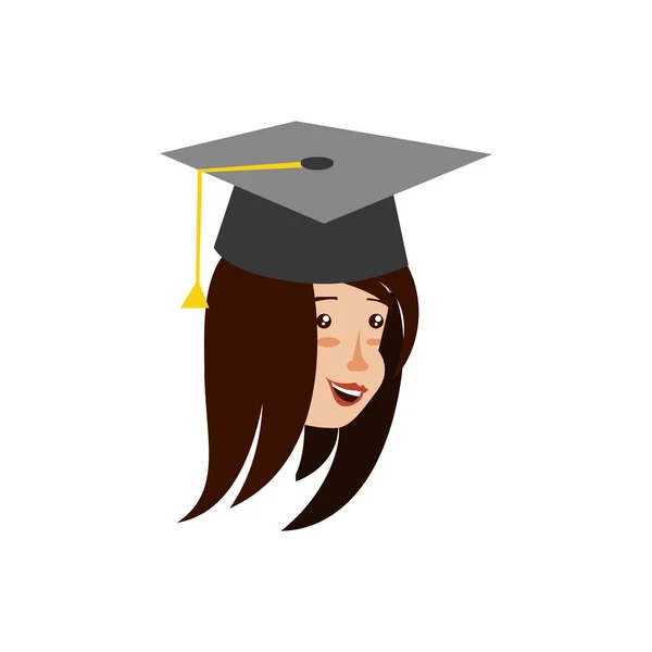 Cabeza de mujer joven con sombrero de graduación — Vector de stock