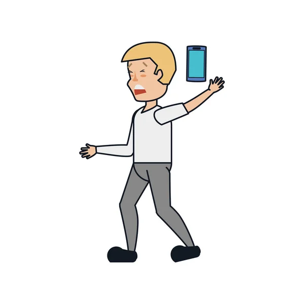 Νεαρός άνδρας περπάτημα με smartphone που ανησυχούν — Διανυσματικό Αρχείο