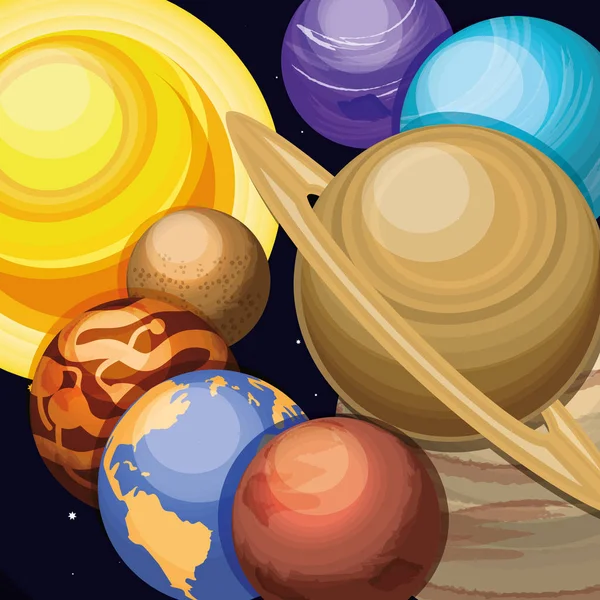 Espaço com conjunto de planetas cena universo — Vetor de Stock