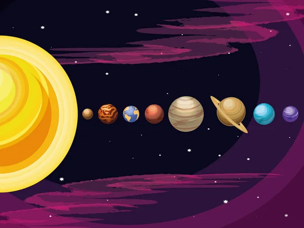 Espacio con conjunto de planetas escena del universo — Vector de stock