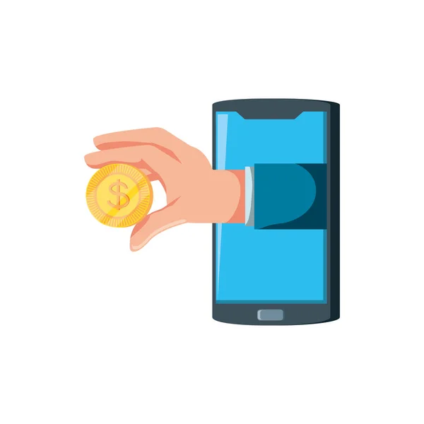 Smartphone mit Hand und Münze — Stockvektor