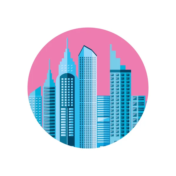 건물 도시 장면 스카이 원형 프레임에 핑크 — 스톡 벡터