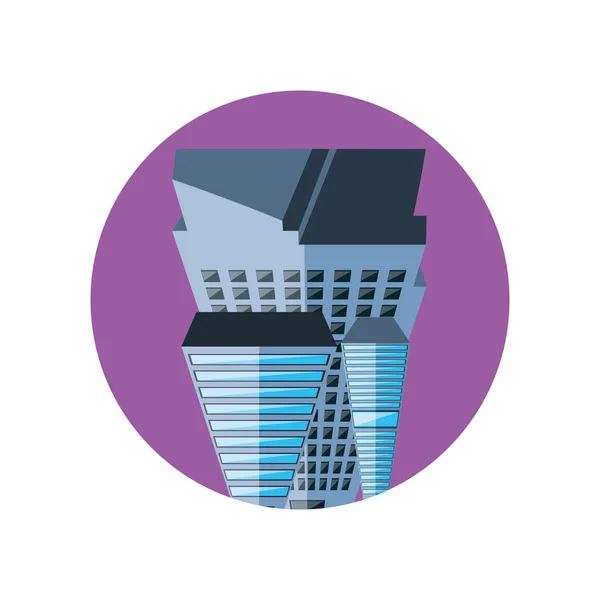Gebäude Stadtbild Szene lila Himmel in Rahmen kreisförmig — Stockvektor