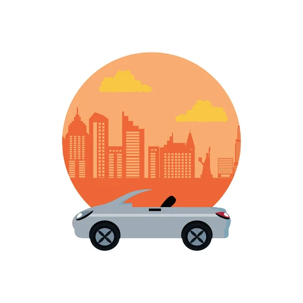 Coche convertible con escena de paisaje — Vector de stock