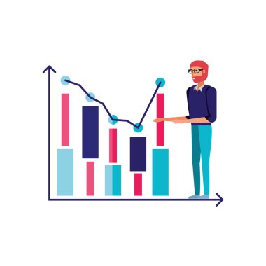 genç adam ile istatistiksel grafik barlar