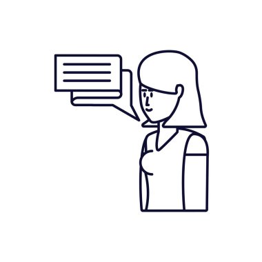 Konuşma balonu olan genç bir kadın.