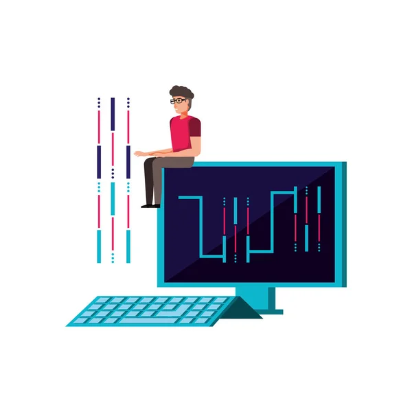 Genç adam ve elektronik devre ile masaüstü bilgisayar — Stok Vektör