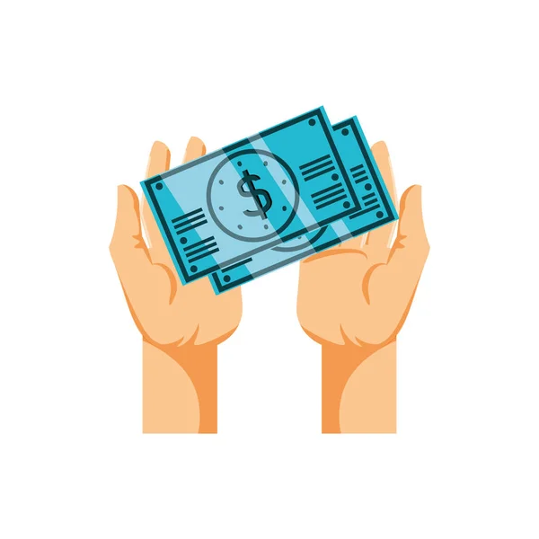 Mani con banconote dollaro icona isolata — Vettoriale Stock