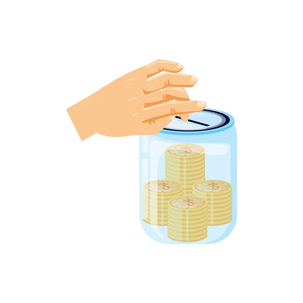 Χέρι και αποθήκευση βάζο με νομίσματα χρήματα — Διανυσματικό Αρχείο
