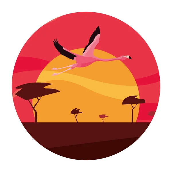 Pássaro flamingo voando na paisagem — Vetor de Stock