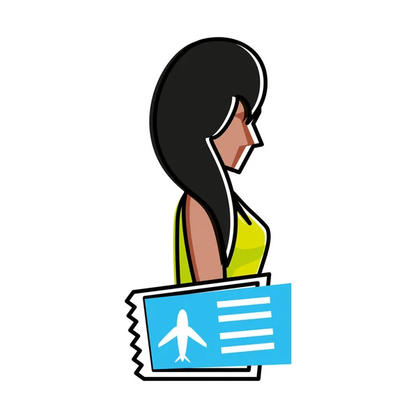 Mujer joven con billete de avión — Vector de stock