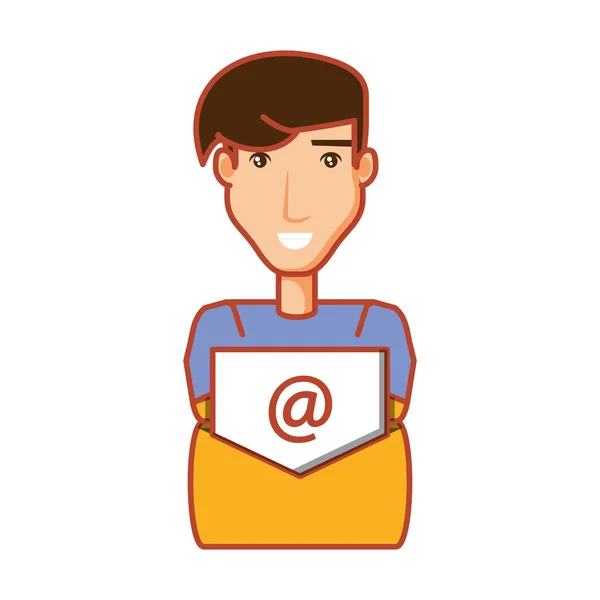 Homme et enveloppe mail avec symbole arroba — Image vectorielle