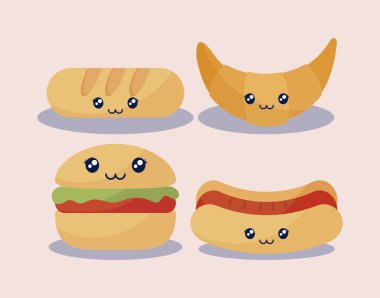 lezzetli hamburger ve fast food kawaii karakter kümesi