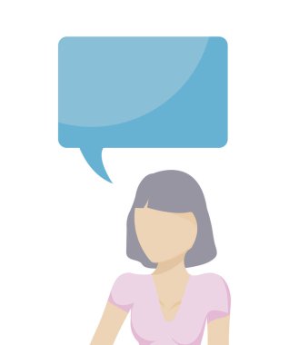 Konuşma balonu olan genç bir kadın.