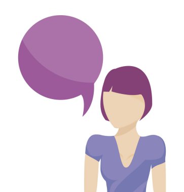 Konuşma balonu olan genç bir kadın.