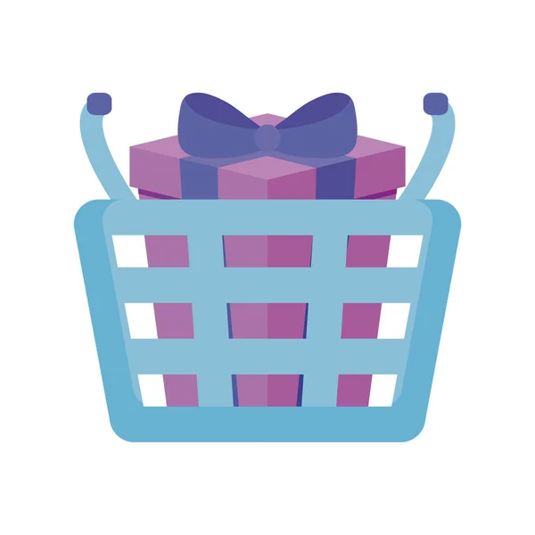 Shopping basket with gift box isolated icon — Stock Vector