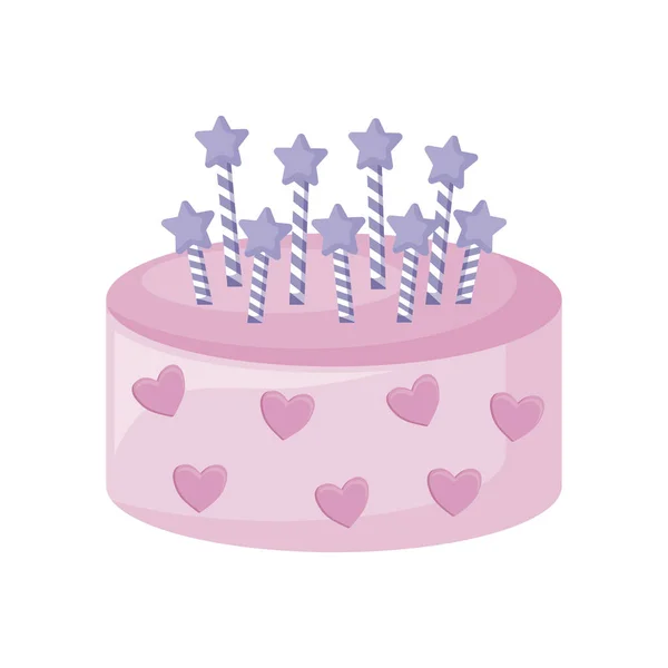 Zoete cake met kaarsen geïsoleerde pictogram — Stockvector