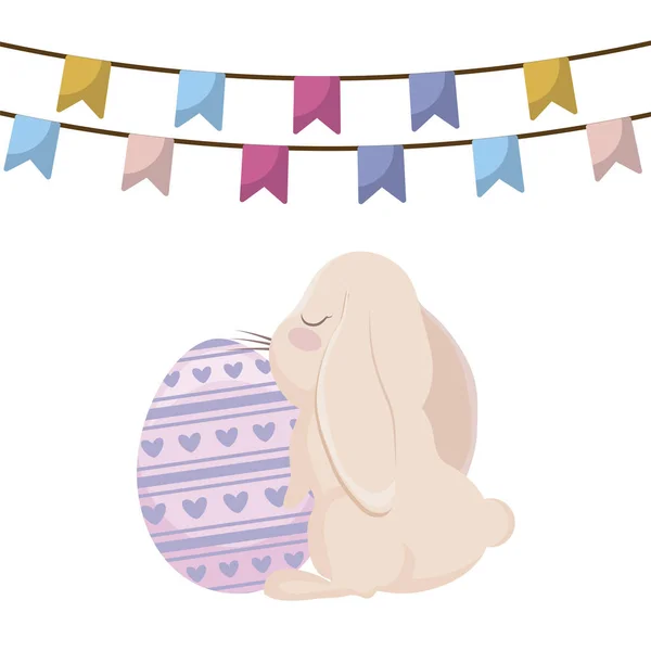 Cute rabbit and eggs of easter with garlands hanging — Stock Vector