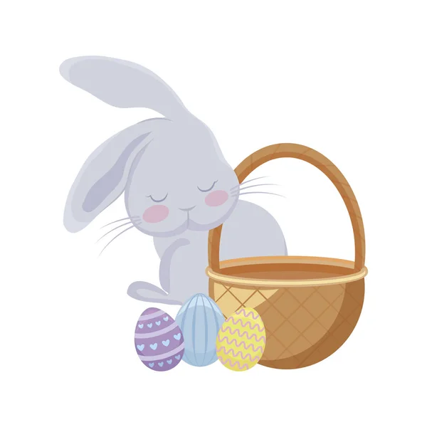 Cute rabbit with basket wicker and eggs of easter — Stock Vector