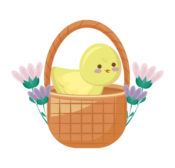 Cute chicken in basket with flowers — Stock Vector