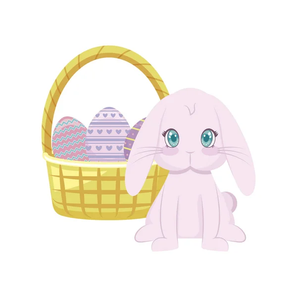 Милый кролик с корзиной плетеной и яйца Пасхи — стоковый вектор