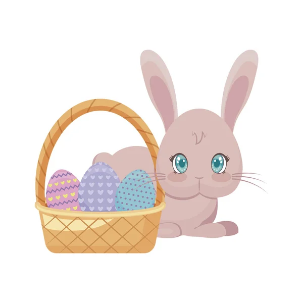 Lindo conejo con cesta de mimbre y huevos de Pascua — Vector de stock