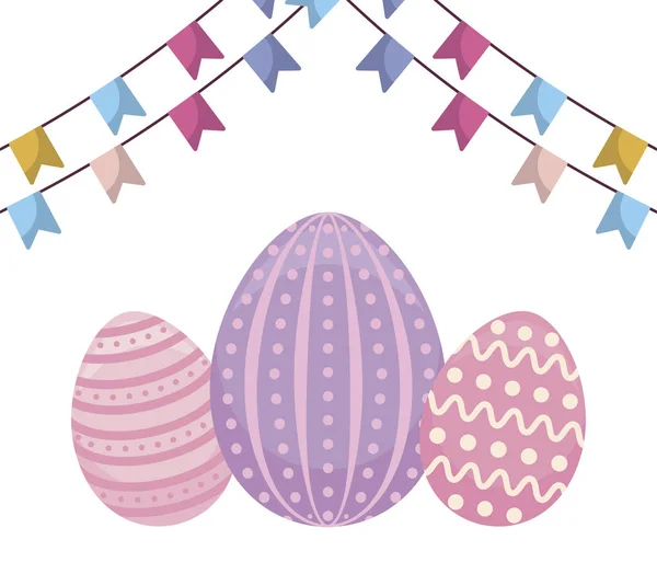 Huevos decorados de Pascua con guirnaldas colgando — Vector de stock