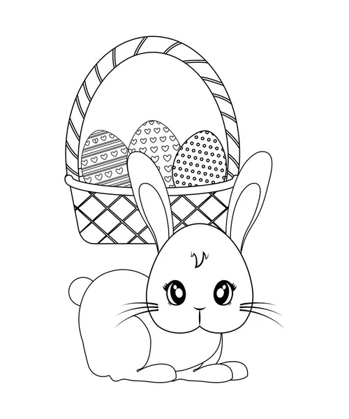 Lindo conejo con cesta y huevos de Pascua — Vector de stock