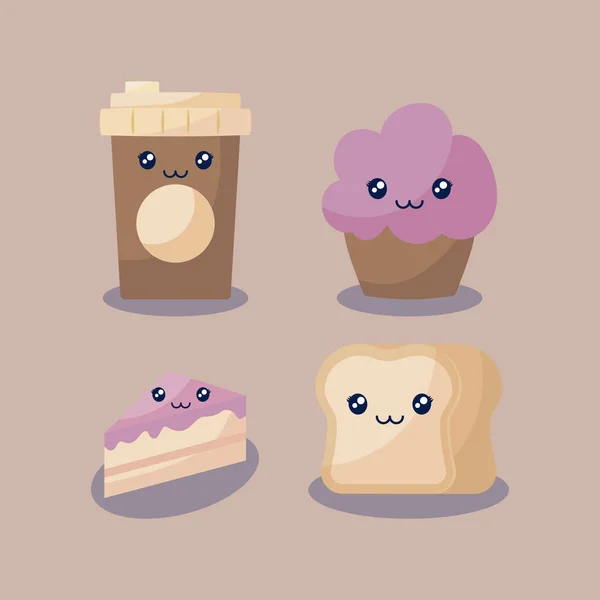 Set panadería pastelería kawaii carácter — Vector de stock