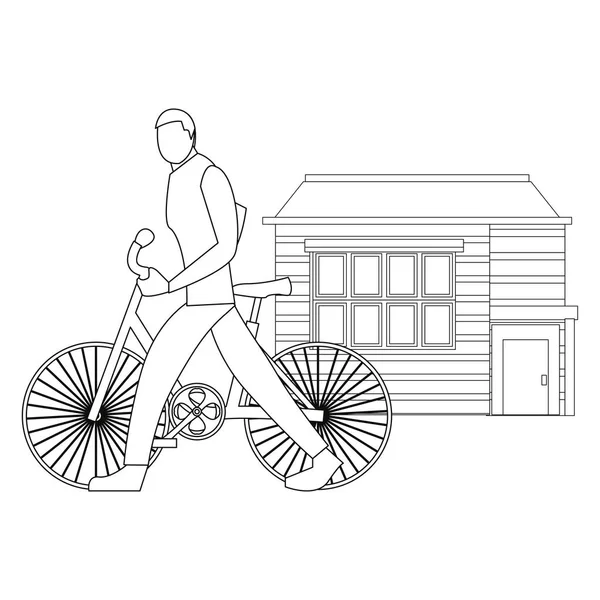 Мужчина с велосипедом и домом — стоковый вектор