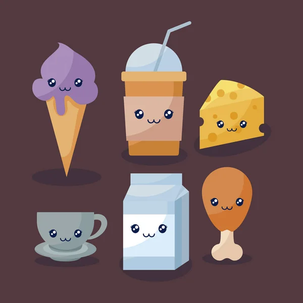 Σετ νόστιμο παγωτό και τροφίμων kawaii χαρακτήρα — Διανυσματικό Αρχείο