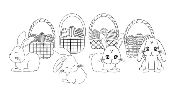 设置可爱的兔子与篮子和复活节的鸡蛋 — 图库矢量图片