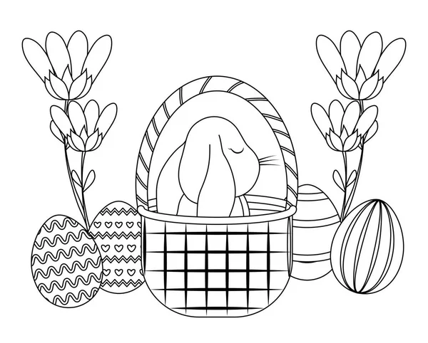 Söt kanin med korg och ägg i påsk — Stock vektor