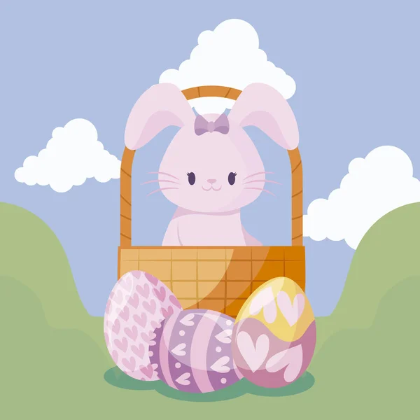 Lapin mignon dans le panier et les œufs de Pâques — Image vectorielle