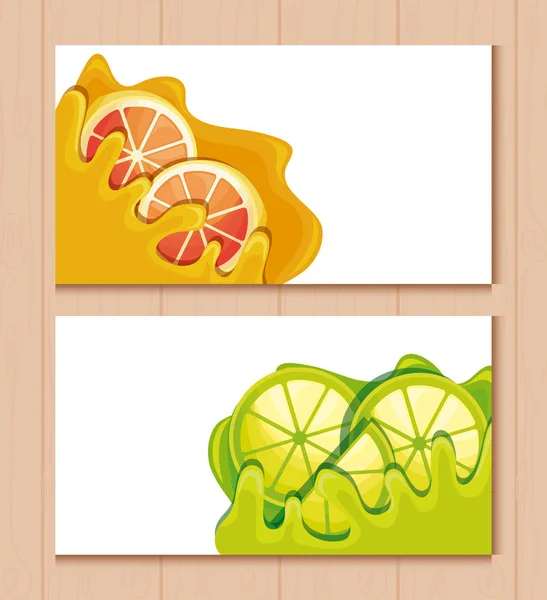 Tarjetas y naranjas frescas con limones en rodajas de fruta — Vector de stock