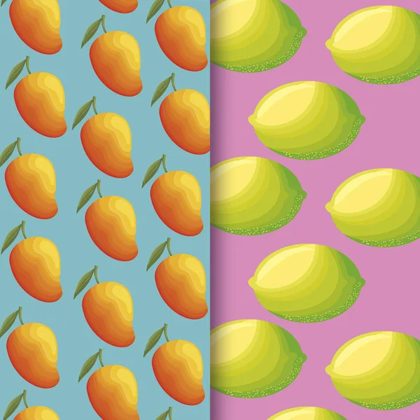 Pattern of lemons and mangoes fresh fruits — Stock Vector