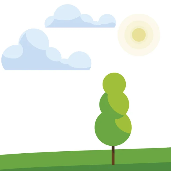 Δέντρο φυτό στο πεδίο με τα σύννεφα και ήλιο — Διανυσματικό Αρχείο