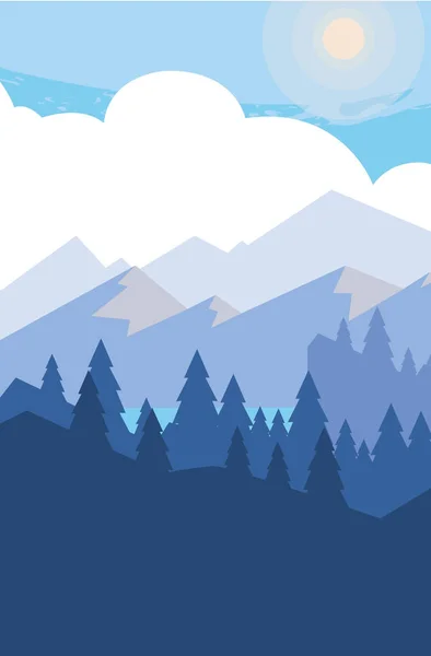 Montañas con paisaje de nieve bosque escena — Vector de stock