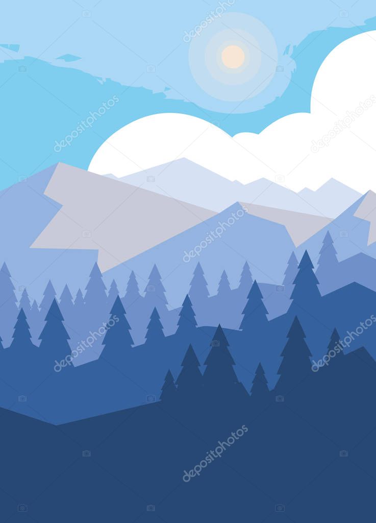 mountains with forest snowscape scene