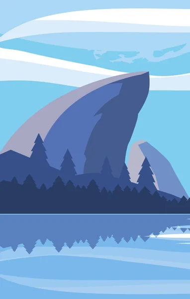 Montañas con bosque y paisaje de nieve lago — Vector de stock