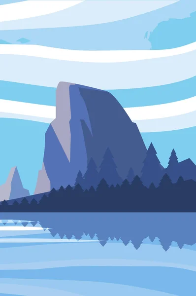 Montañas con bosque y paisaje de nieve lago — Vector de stock