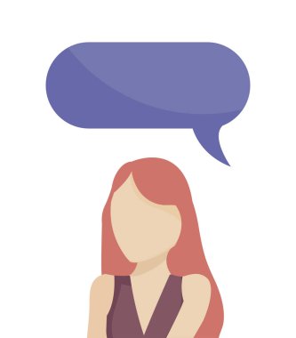 Konuşma balonu olan genç bir kadın.