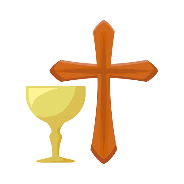 Cross catholic with chalice sacred — Stock Vector