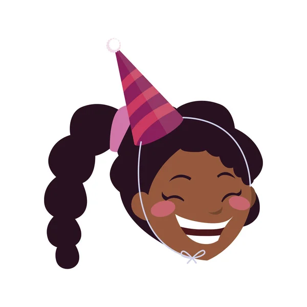 Bonito feliz menina negra com chapéu de aniversário — Vetor de Stock