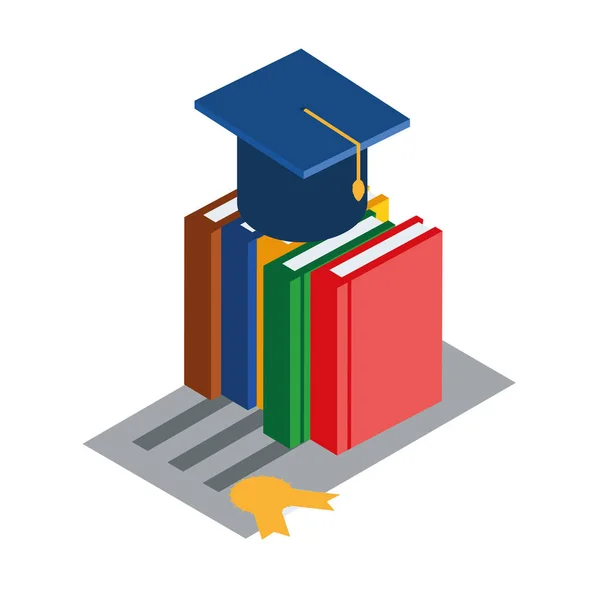 Apilar libros de texto con sombrero de graduación — Vector de stock