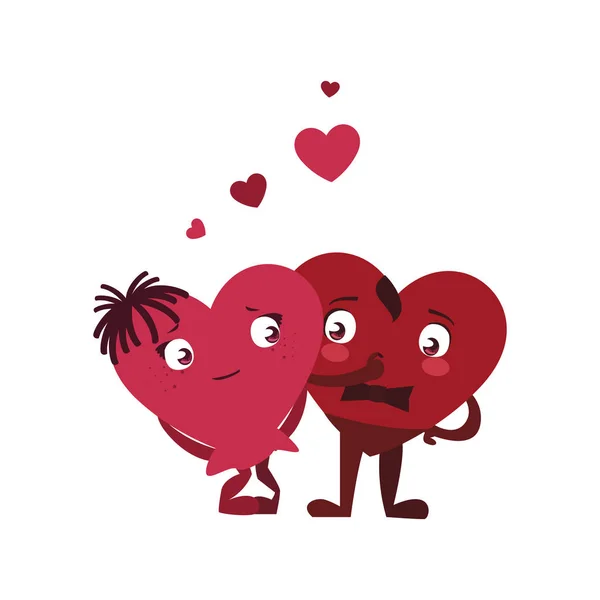 Pareja corazones kawaii caracteres — Vector de stock