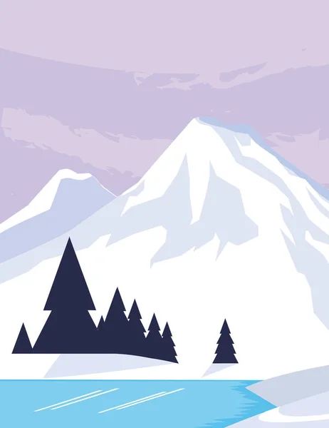 Montanhas com floresta e rio cena de neve — Vetor de Stock
